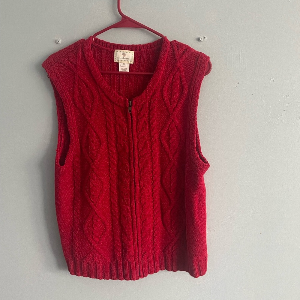 Susan Bristol Red Cable Knit Zip Vest